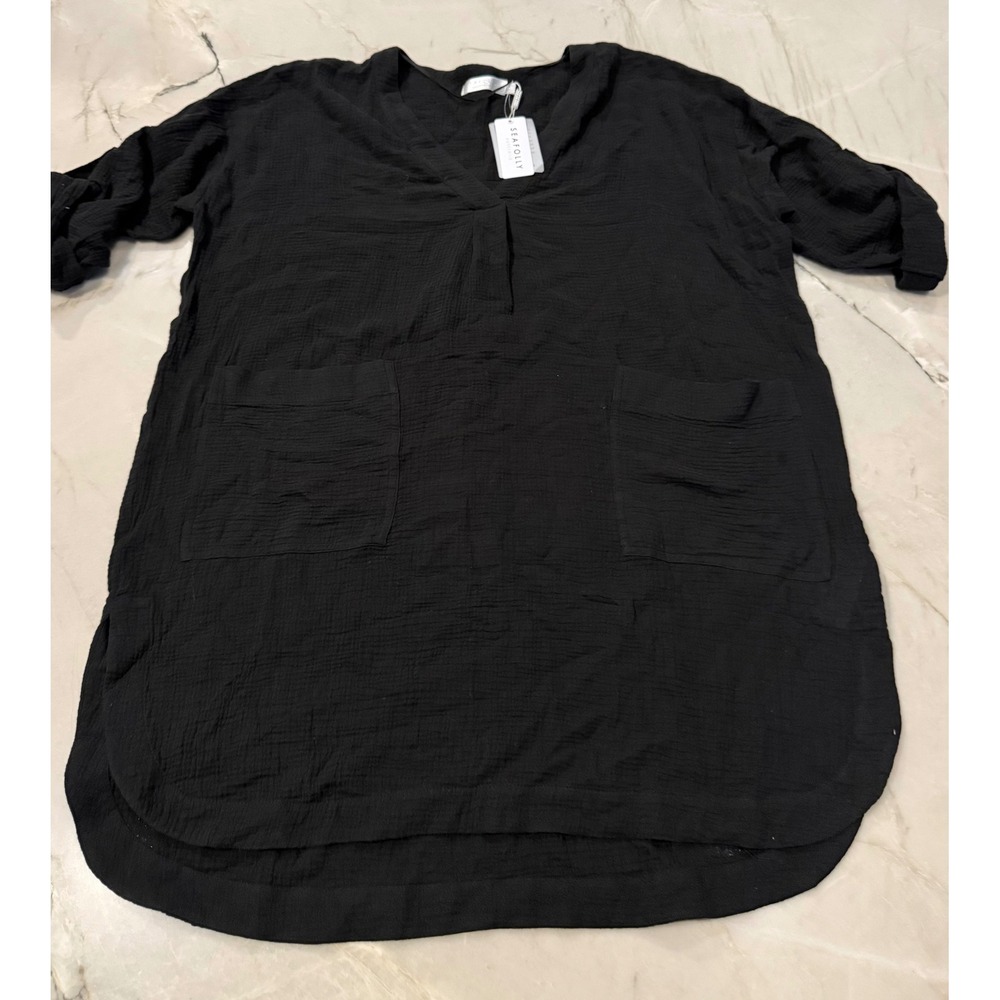 Seafolly Australia Black Crinkle Gauze V-Neck Cover Up Dress Large NWT